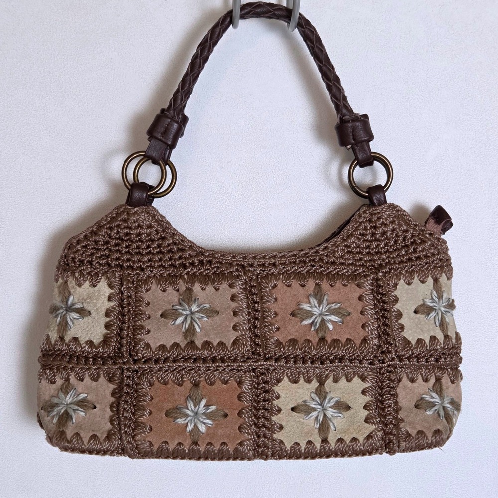 Y2K The Sak Vintage Patchwork Leather Crochet Shoulder Bag Brown Floral Boho - Picture 2 of 10